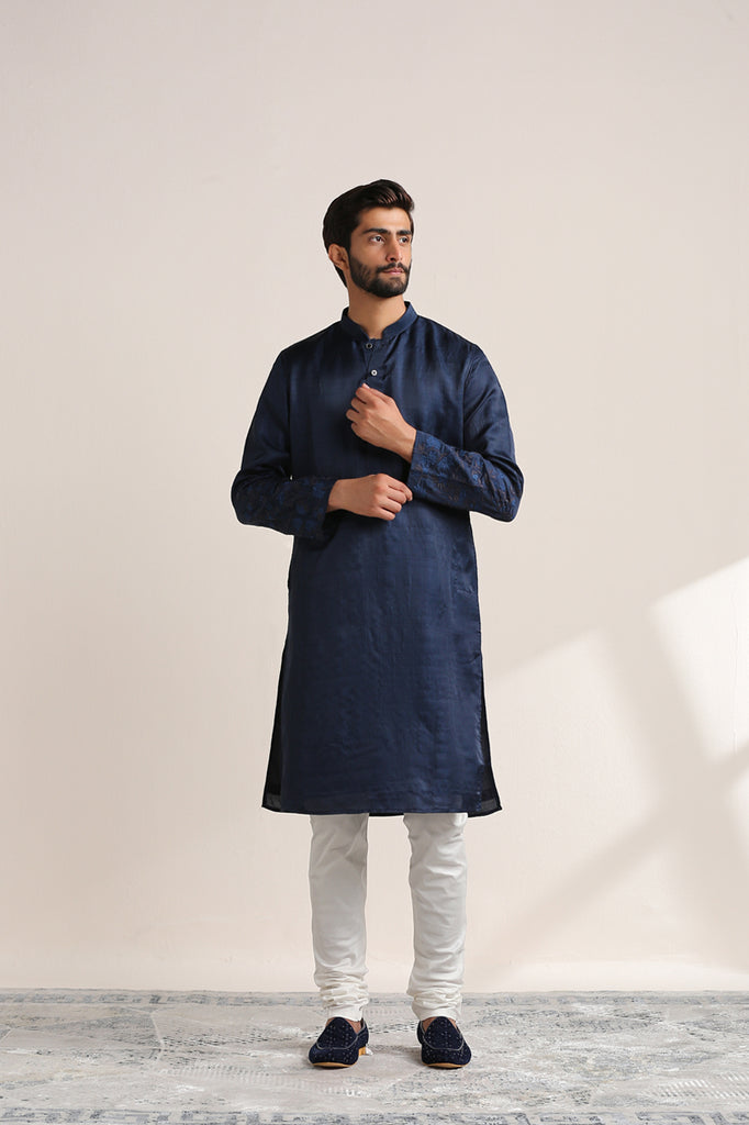 Jacquard Kurta Pajama With Jacket In Blue Colour-KP5600064
